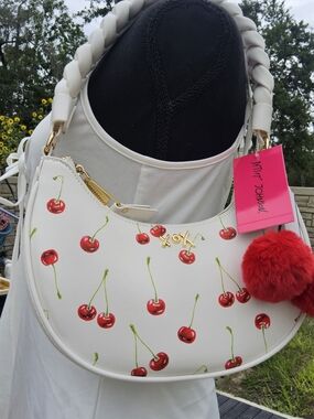 Betsey Johnson White Cherry-Print Shoulder Bag with Pom Pom